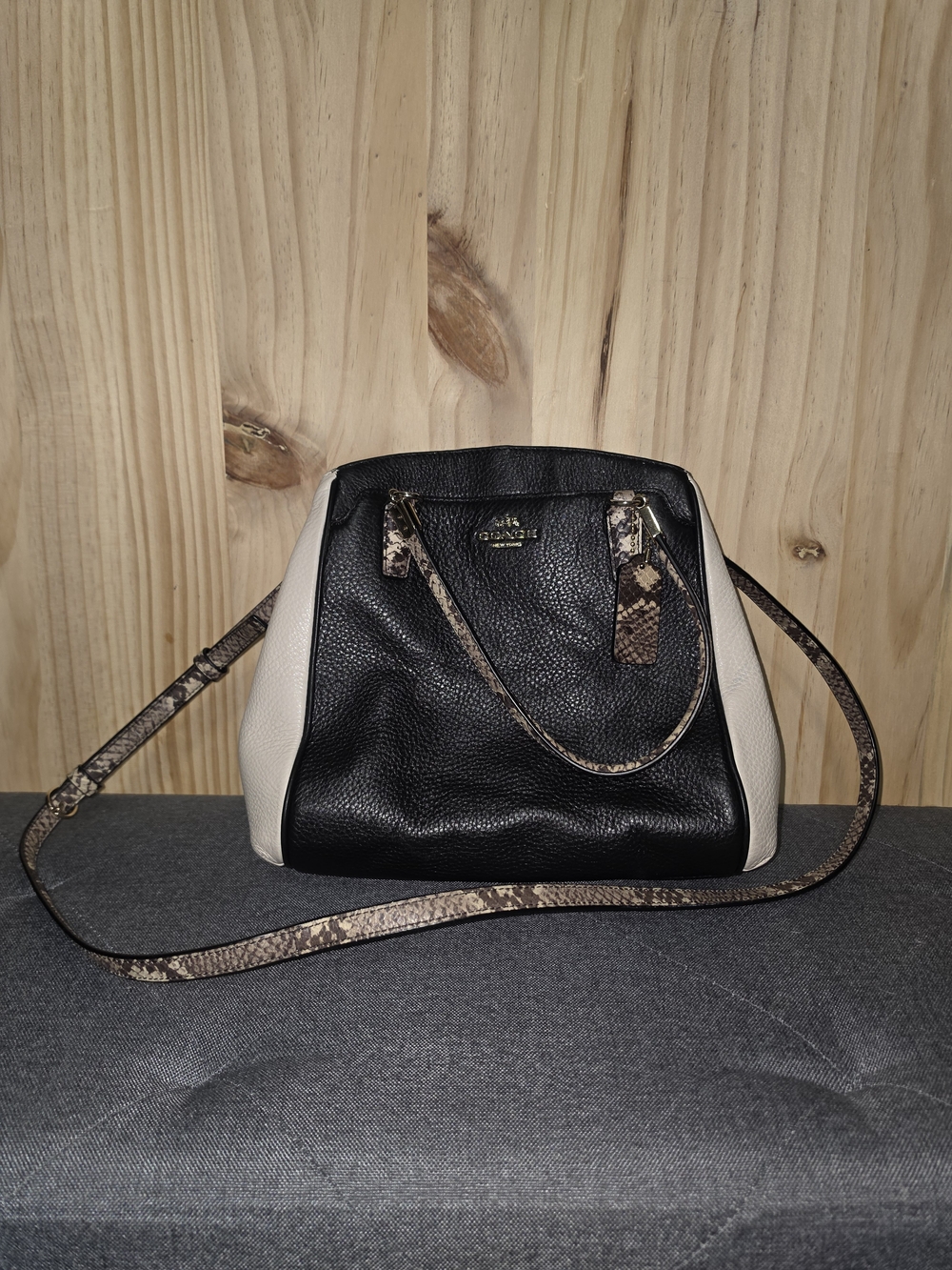 Coach Black and Cream Pebbled Leather Crossbody with Snakeskin Trim